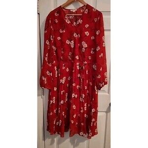 Indigo Rose Red Floral Dress  3X V-Neck Blouse Style Long Sleeves Light Flowy